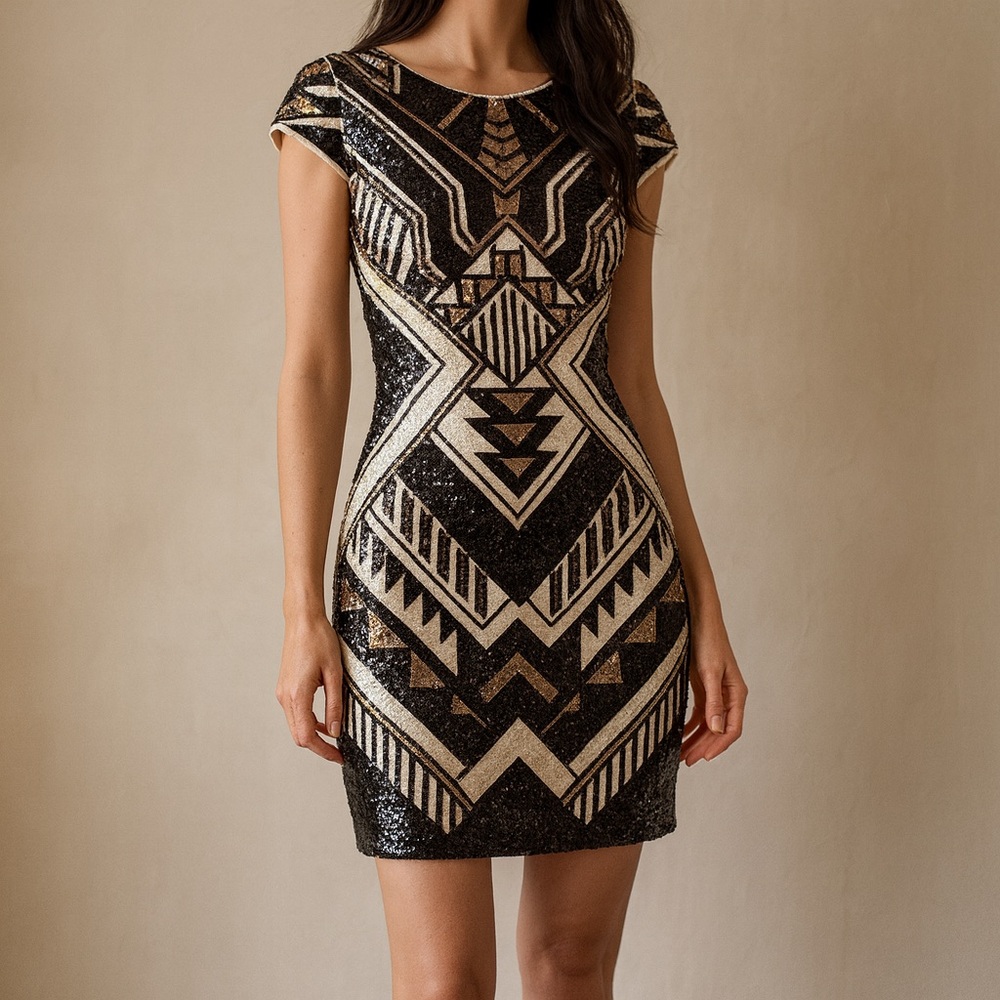 Express Art Deco Sequin Mini Dress Black Gold Silver Geometric Party Dress Small